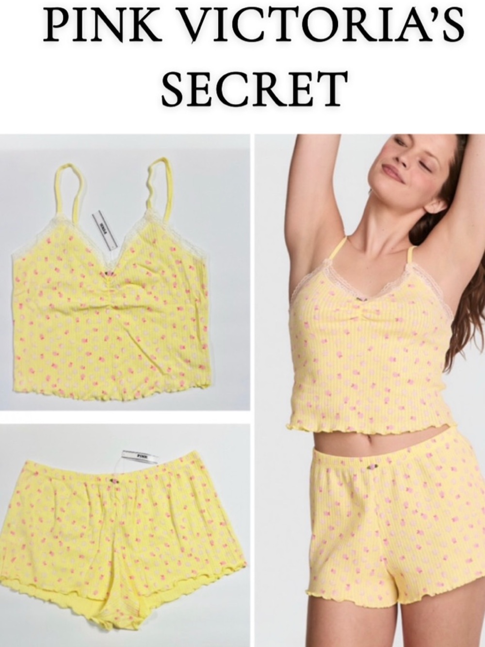🌼VS PINK Drop Needle Pointelle Tank Top & Shorts Yellow Pink Print Rosette M
